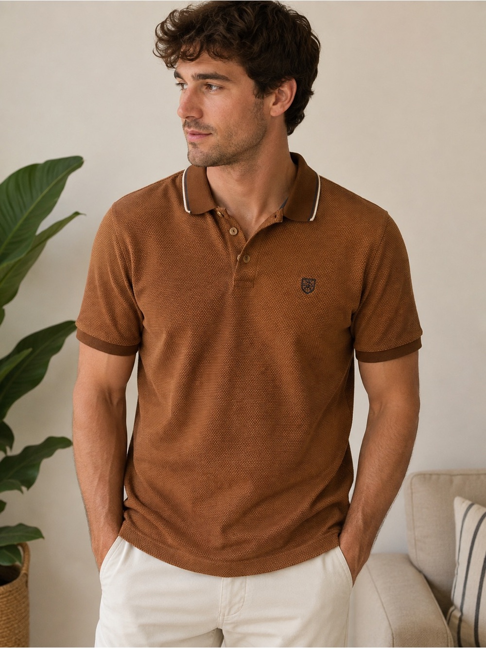 Men's Brown Pique Polo with Contrast Collar Trim